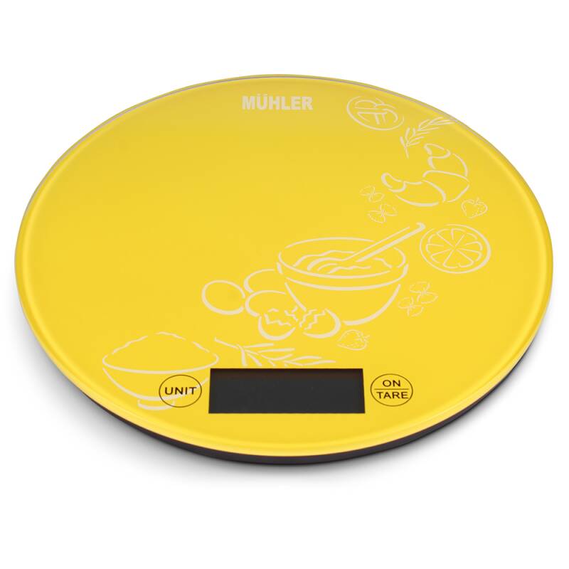 Везна кухненска Muhler KSC-2026R yellow, Капацитет: 5kg, Функция тара, Изработена от закалено стъкло