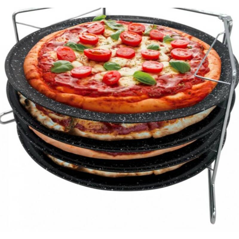 Комплект 4 тави за пица с поставка KingHoff KH 1553, 39х24х20 см, Незалепващо покритие, Черен мрамор