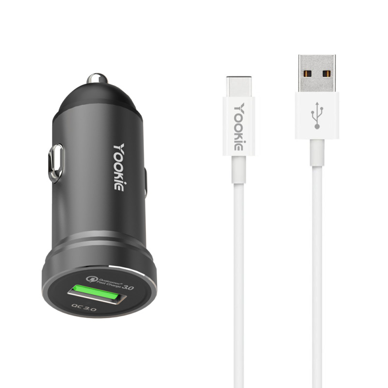 Зарядно устройство за кола Yookie PC2, Quick Charge 3.0, 1xUSB, С Type-C кабел, Различни цветове - 40139