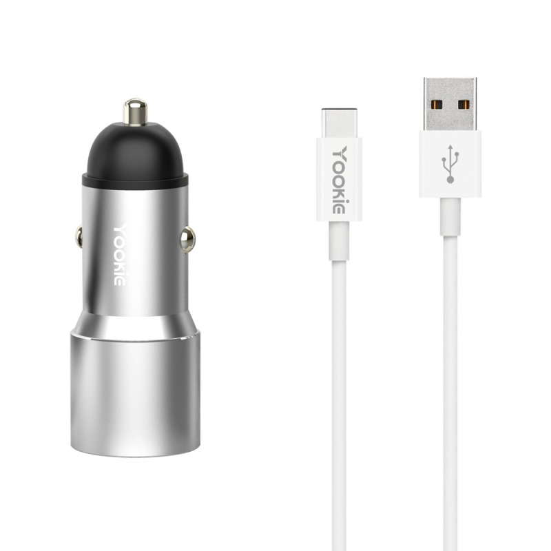 Зарядно устройство за кола Yookie PC4, Quick Charge 3.0, 2xUSB, С Type-C кабел, Различни цветове - 40145