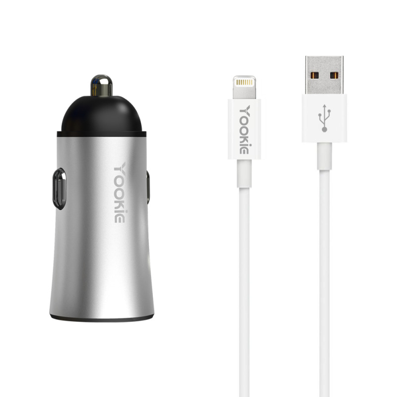 Зарядно устройство за кола Yookie PC1, 5V/2.4A, 12/24V, С Lightning кабел, 2 x USB, Различни цветове - 40135