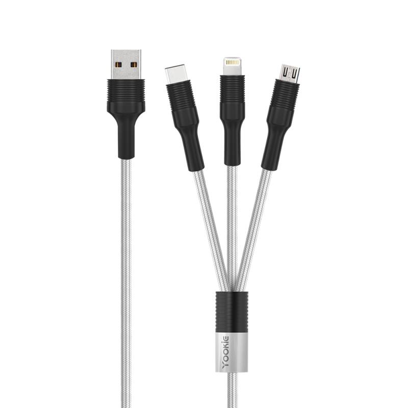 Кабел за зареждане Yookie CB13, 3 в 1, Micro USB, Lightning, Type-C, 1.0m, Черен - 40153