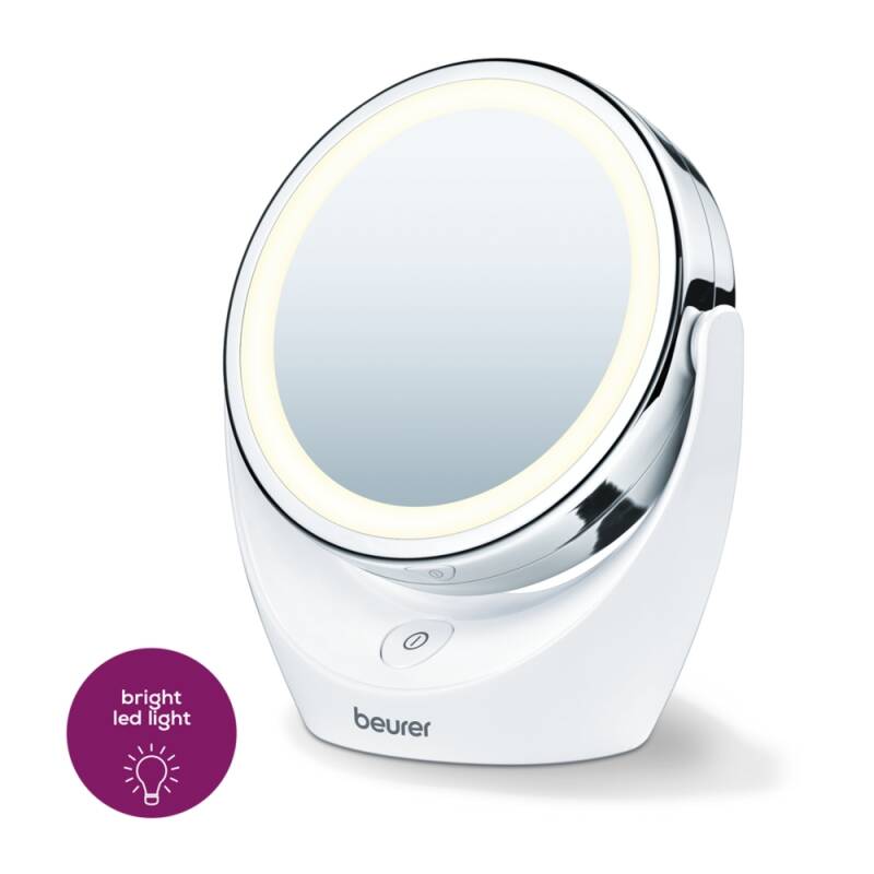 Козметично огледало Beurer BS 49, Със стойка, LED светлина, 5-кратно увеличение, 11 см диаметър, Бял/Сребрист