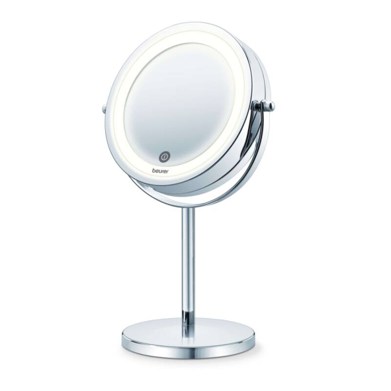 Козметично огледало Beurer BS 55, Със стойка, 18 LED светлини, 7-кратно увеличение, 13 см диаметър, Сребрист