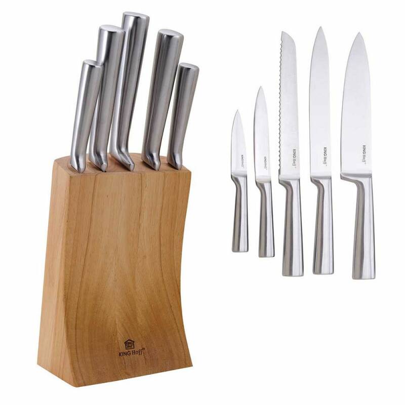 Комплект ножове с дървена поставка kinghoff kh 1153, 6 части, неръждаема стомана, сребрист