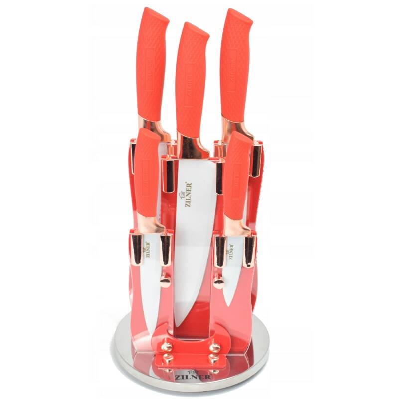 Комплект ножове с поставка zilner zl 5119, 6 части, керамично покритие, червен