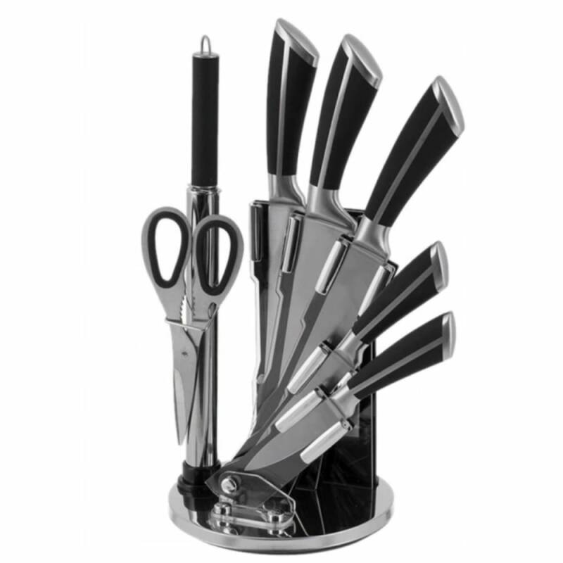 Комплект ножове с поставка zilner zl 5120, 8 части, точило, ножици, неръждаема стомана, черен