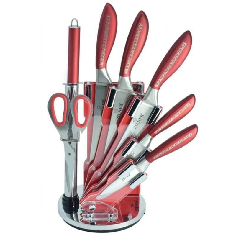 Комплект ножове с поставка zilner zl 5121, 8 части, точило, ножици, неръждаема стомана, червен