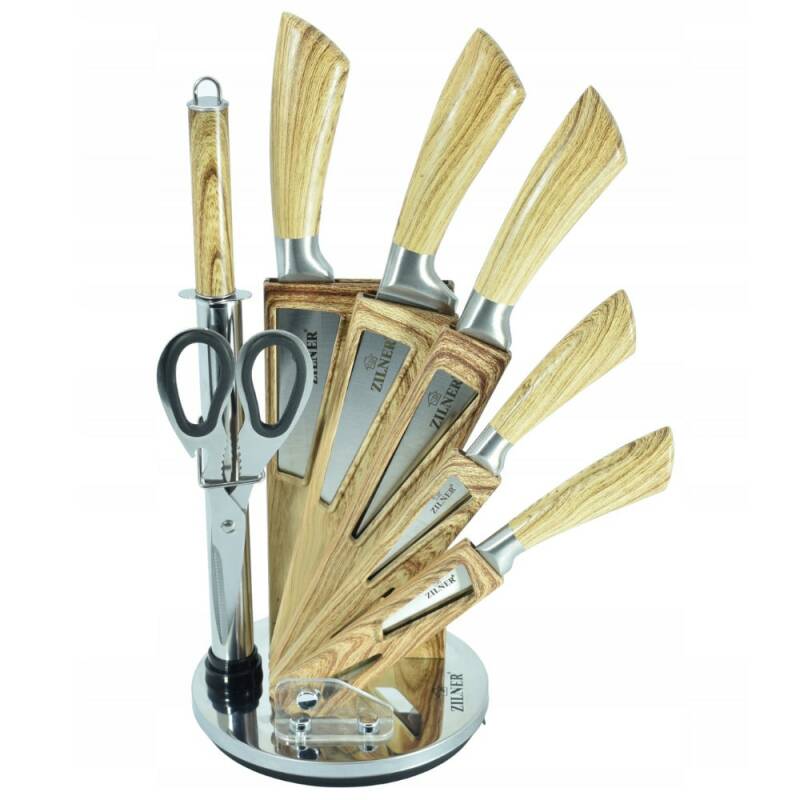 Комплект ножове с поставка zilner zl 5122, 8 части, точило, ножици, неръждаема стомана, дървена дръжка