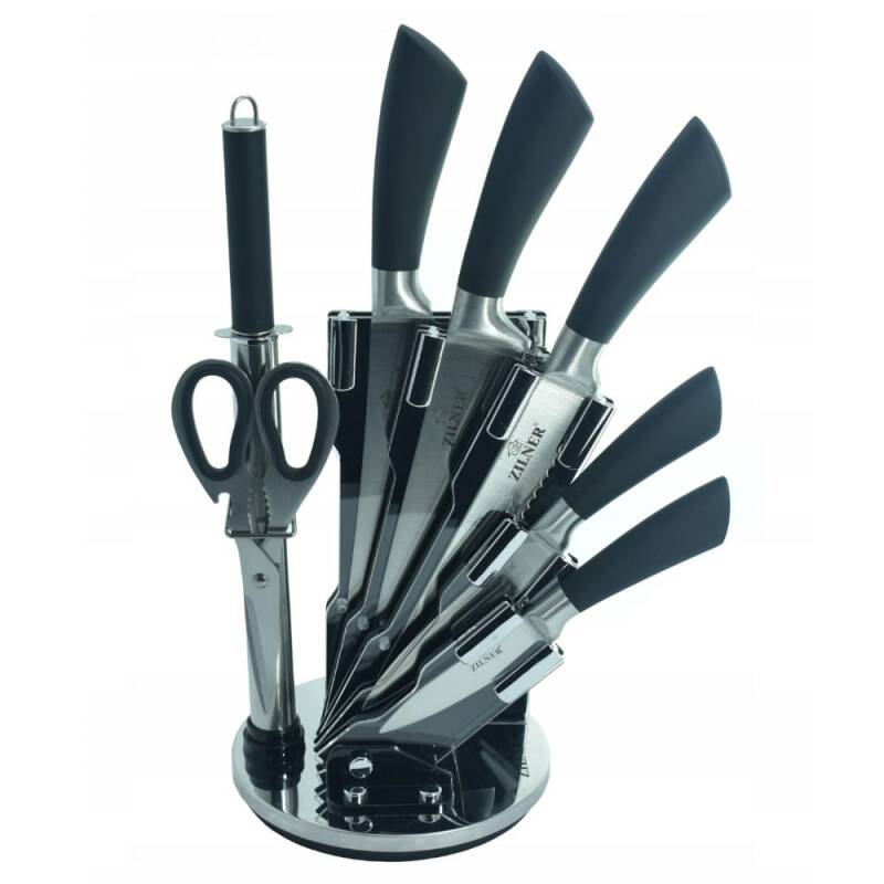 Комплект ножове с поставка zilner zl 5127, 8 части, точило, ножици, неръждаема стомана, черен