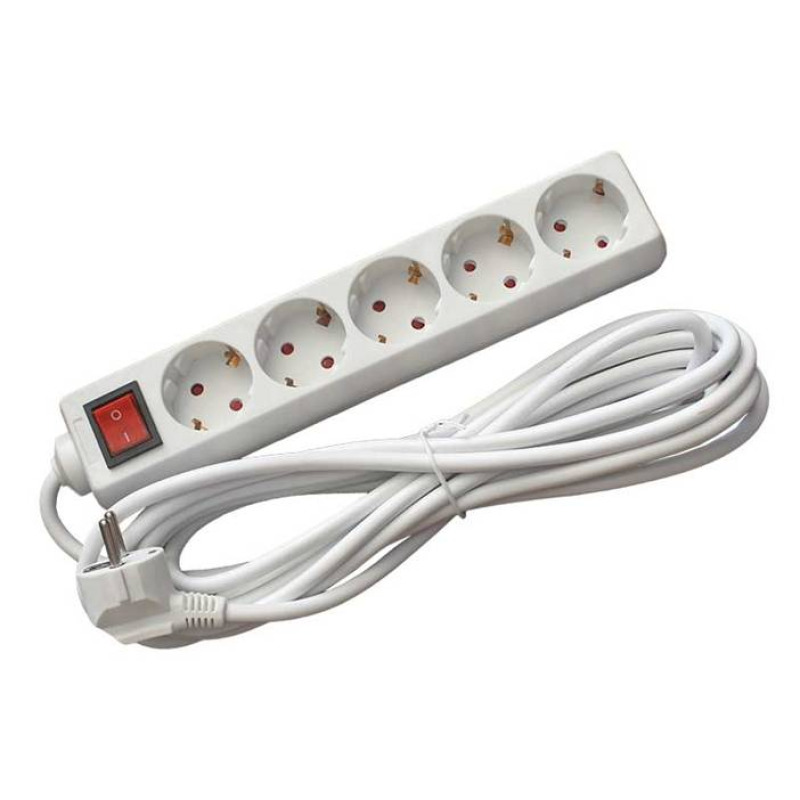 Разклонител C1-H5T, контакт, ключ, 5-ца, бял, 10m, 220VAC, 10A, 3x1,5mm2