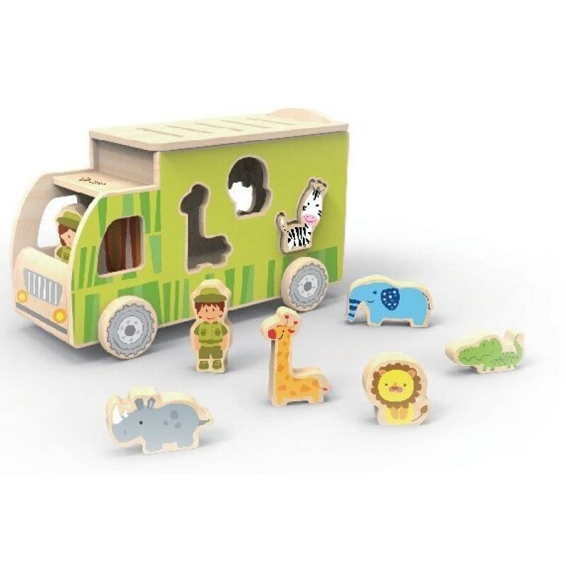 Дървено камионче - сортер с животни - зелен