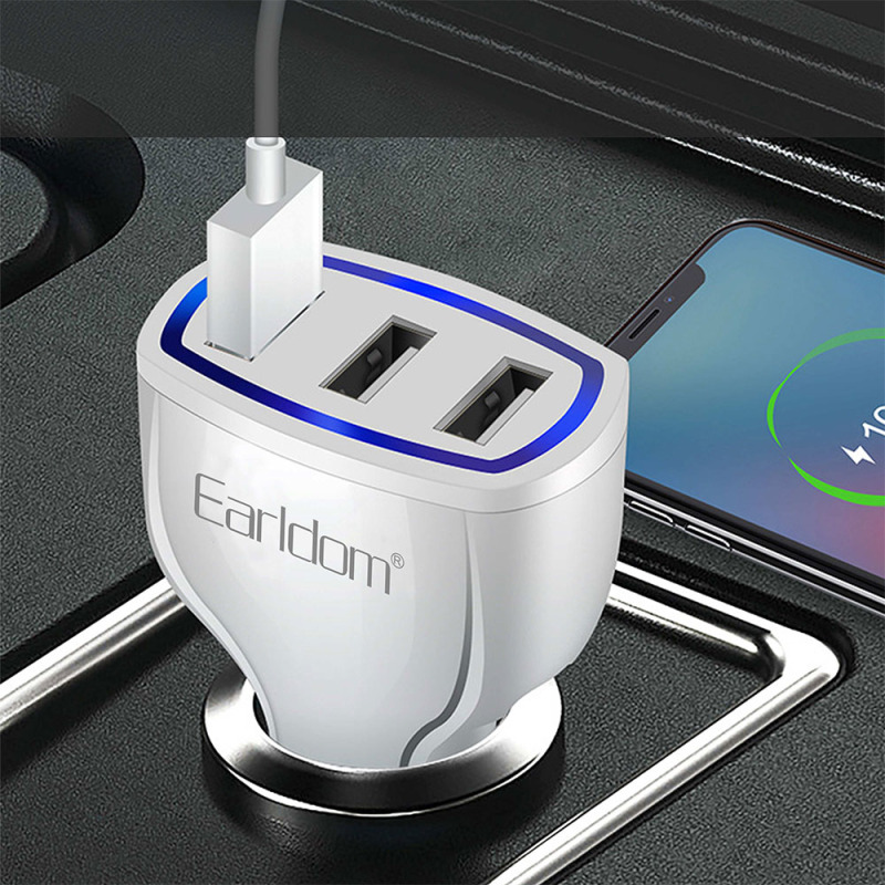 Зарядно устройство за кола Earldom ES-CC13, 3xUSB, QC3.0, С Lightning кабел, Бял - 40253