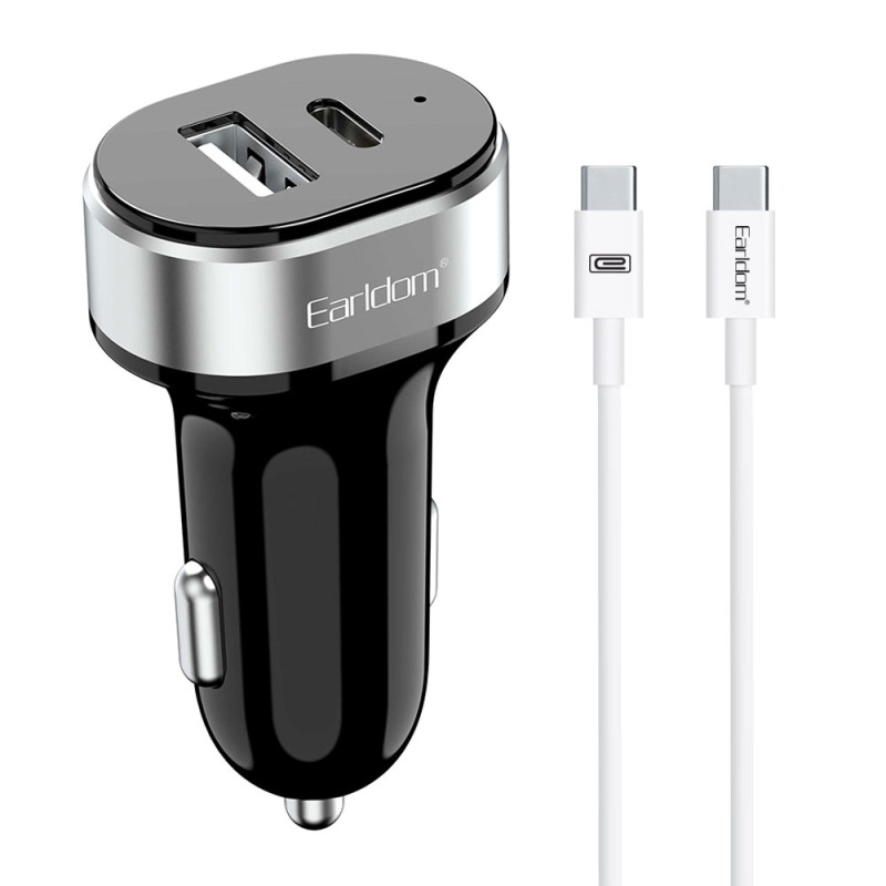 Зарядно устройство за кола Earldom ES-CC14, 1xUSB, 1xType-C, С PD Type-C кабел, Черен - 40244
