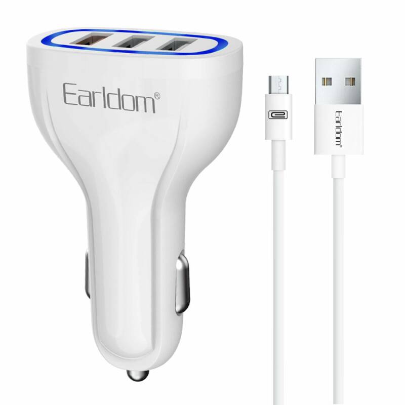 Зарядно устройство за кола Earldom ES-CC13, 3xUSB, QC3.0, С Micro USB кабел, Бял - 40252