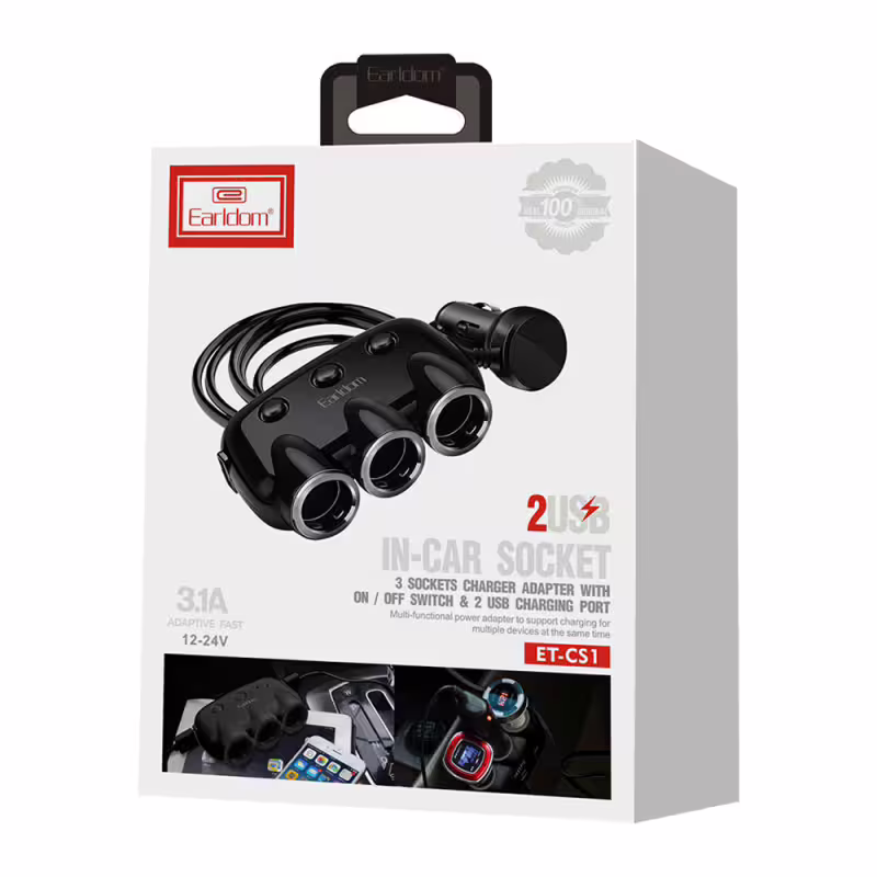 Зарядно устройство за кола Earldom ES-CS1, Разклонител, 2xUSB F, 3x12/24V, Различни цветове &ndash; 40207