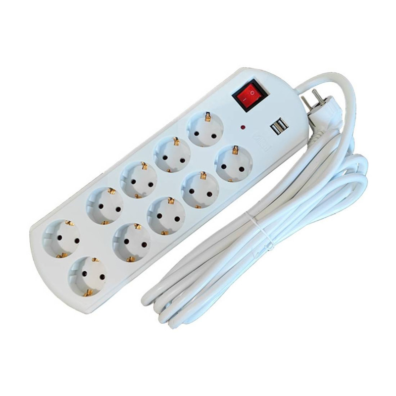 Разклонител YS-N6065, контакт "шуко", ключ, 10-ка, бял, 2xUSB, 10m, 220VAC, 16A, 3x2,5mm2