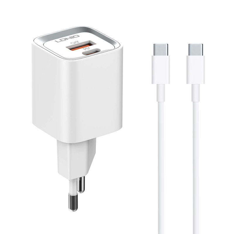 Мрежово зарядно устройство LDNIO A2318C, 20W, 1 x Type-C F, 1 x USB F, PD, QC, С PD Type-C кабел, Бял - 40292