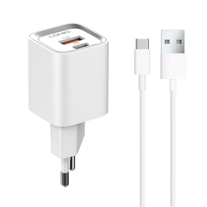 Мрежово зарядно устройство LDNIO A2318C, 20W, 1 x Type-C F, 1 x USB F, PD, QC, С Type-C кабел, Бял - 40291