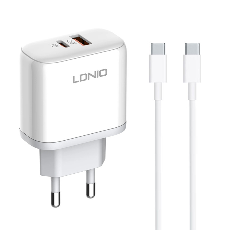 Мрежово зарядно устройство LDNIO A2526C, 45W, 1 x Type-C F, 1 x USB F, PD, QC, PPS, С PD Type-C кабел, Бял - 40287