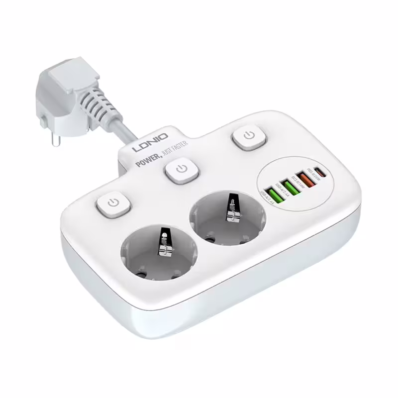 Разклонител LDNIO SE2435, 2 гнезда, CEE 7/3, 2500W, 1 x Type-C F, 3 x USB F, PD, QC, Бял - 40296