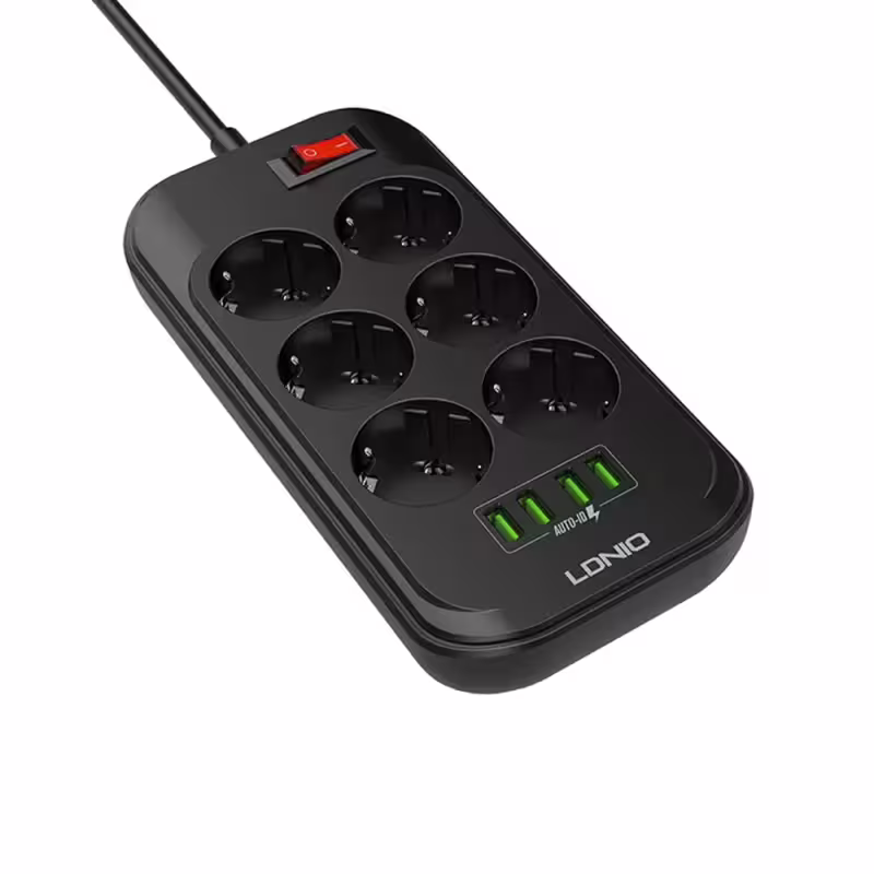 Разклонител LDNIO SE6403, 6 гнезда, CEE 7/3, 2500W, 4 x USB F, 2.0m, Черен - 40298