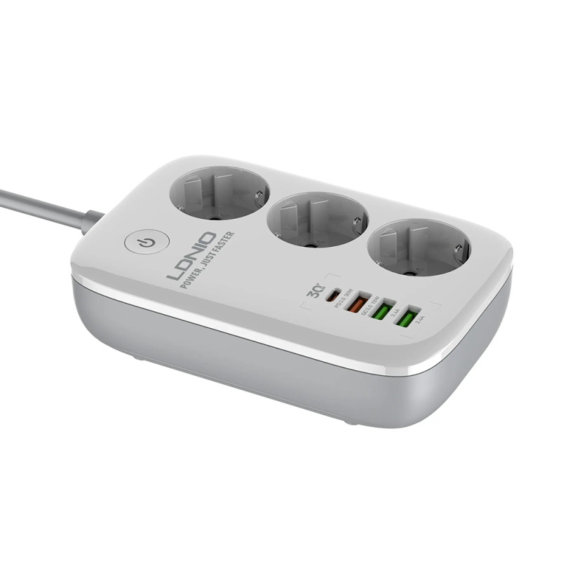 Смарт разклонител LDNIO SEW3452, 3 гнезда, CEE 7/3, 2500W, 1 x Type-C F, 3 x USB F, PD, QC, 2.0m, Бял - 40295