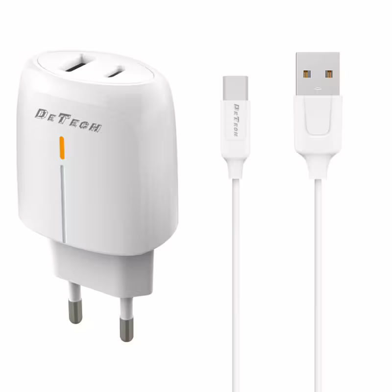 Мрежово зарядно устройство DeTech DE-63C, 5V/2.4A, 220V, 2 x USB, С Type-C кабел, 1.0m, Бял - 40550