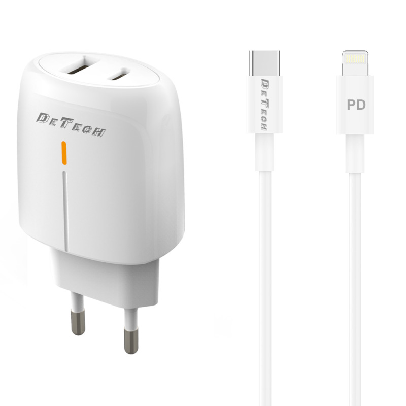 Мрежово зарядно устройство DeTech DE-31PDL, 20W, С Type-C към Lightning кабел, 1 x Type-C F, 1 x USB F, PD, QC, Бял - 40323