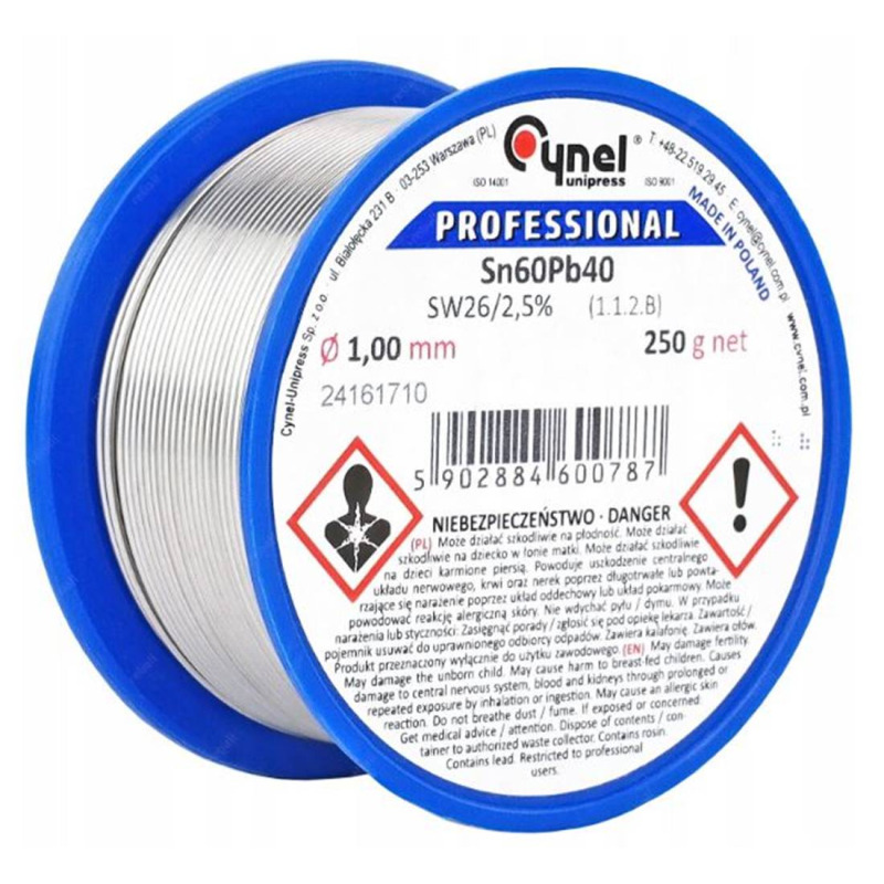 Тинол за запояване CYNEL, Ф1mm, 500g, Sn60, Pb40, 2,5%