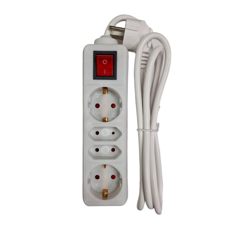 Разклонител JY-1011, контакт, ключ, 4-ка, бял, 1,5m, 220VAC, 10A, 3x1,5mm2