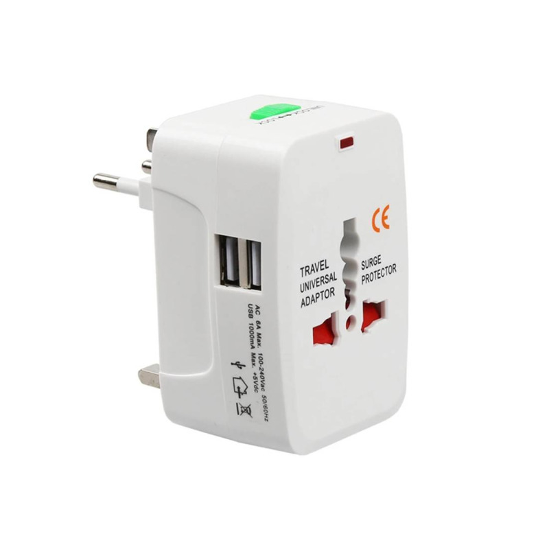 Преходник за пътуване, универсален UK, EU, US, AU, 2xUSB, 220VAC, 6A