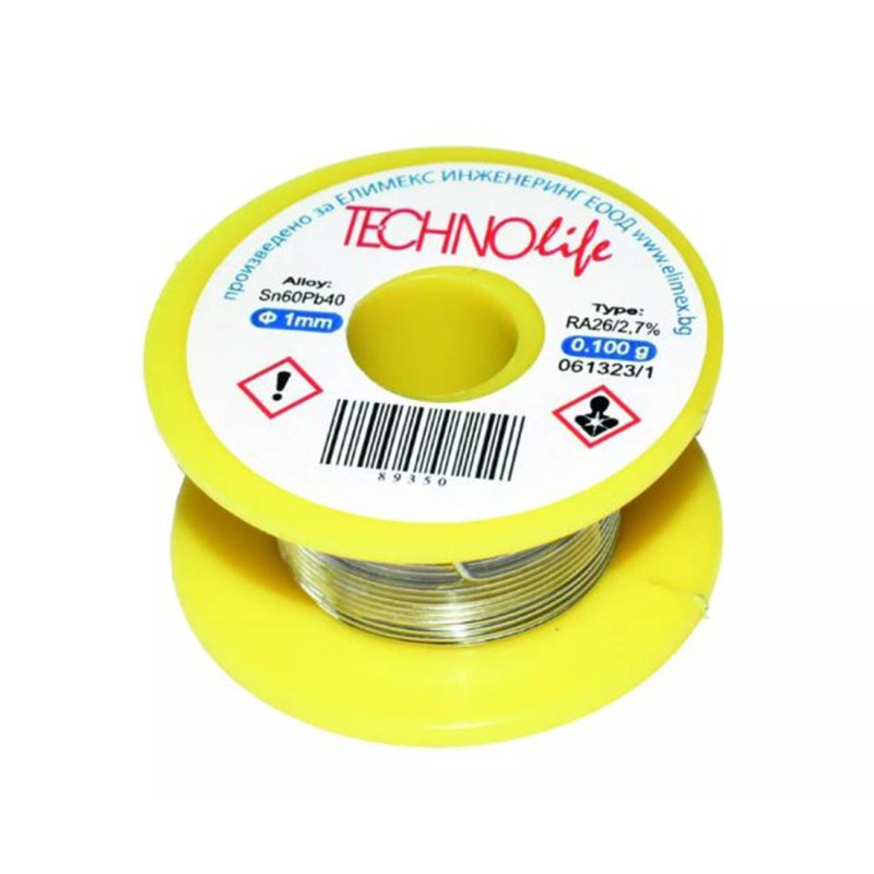 Тинол за запояване TECHNOlife, Ф1mm, 100g, Sn60, Pb40, 2,7%