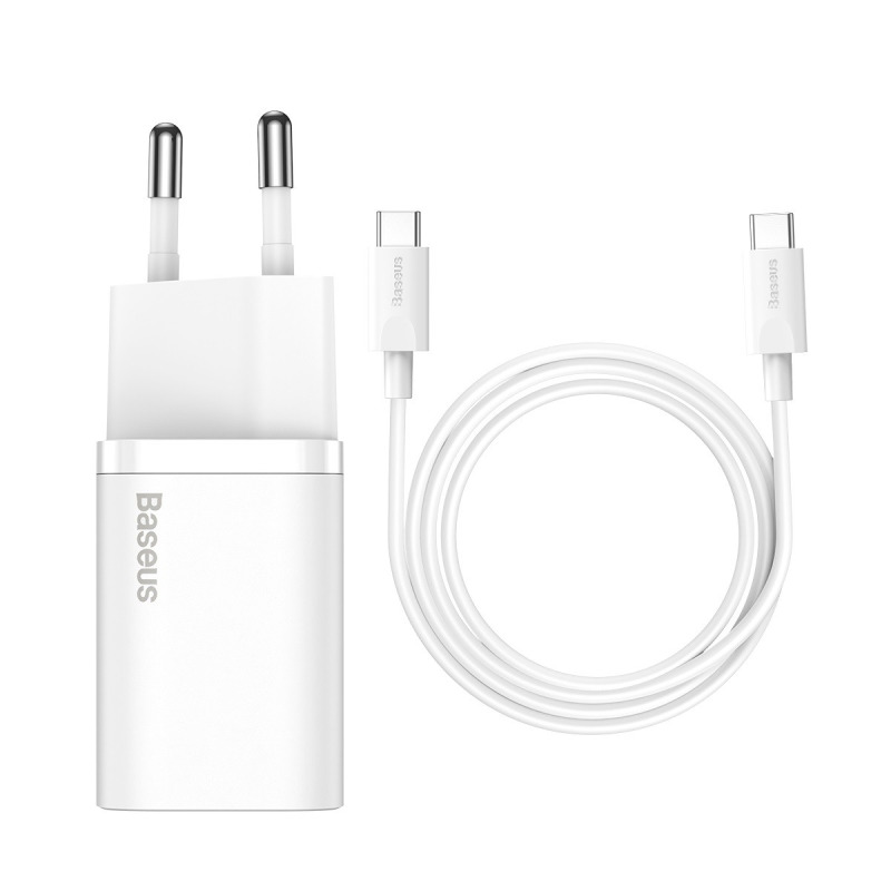 Мрежово зарядно устройство Baseus Super Si, 25W, С PD кабел, Бял - 40417