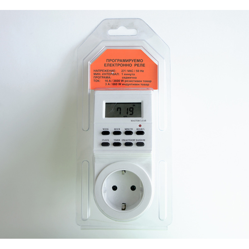 Мрежови електронен таймер, реле за време, седмичен, 220V, 16A, 3600W