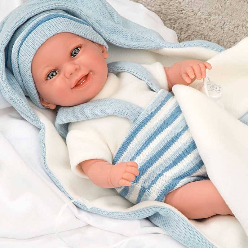 Усмихната кукла-бебе в светлосиньо с аксесоари - 35 см, реално тегло