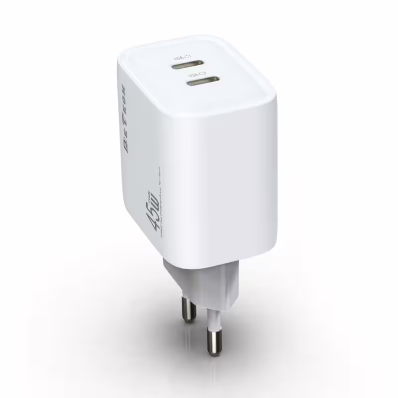 Мрежово зарядно устройство DeTech DE-PD, 45W, GaN, 2 x Type-C F, Бял - 40340