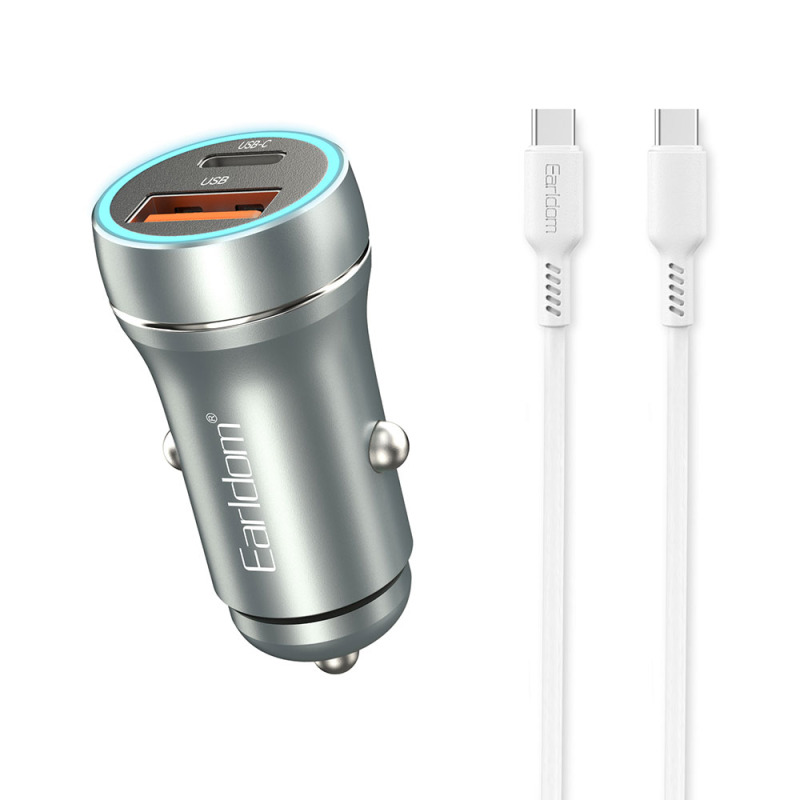 Зарядно устройство за кола Earldom ES-CC29, 30W, USB QC3.0, PD, С Type-C PD кабел, Сребрист - 40351