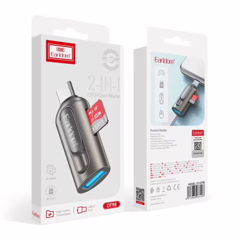 Преходник Earldom ET-OT9, Type-C и четец за карти, OTG, Сив - 40356