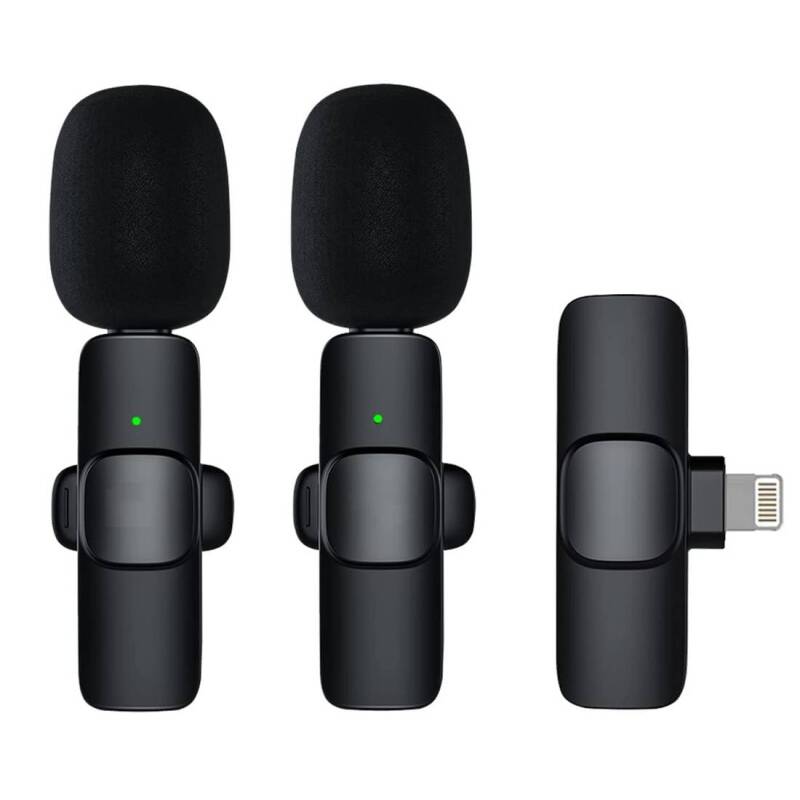 Комплект 2 безжични микрофонa K9, съвместимо с iPhone, предаватели, приемник, Apple lightning