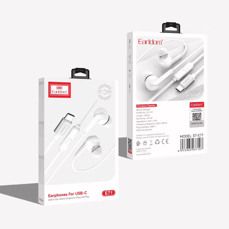 Слушалки за мобилни устройства Earldom ET-E71, Type-C, Mикрофон, Бял - 20751