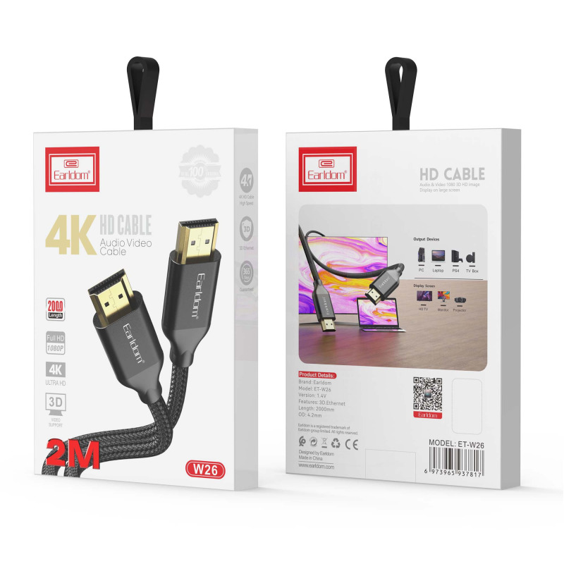 Кабел Earldom ET-W26 HDMI - HDMI, 5м., 4K, С оплетка, Черен - 18386