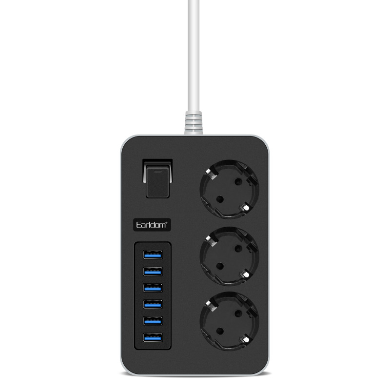 Разклонител Earldom ES-SC07, 3 гнезда, CEE 7/3, 6 х USB, 2м., Черен - 40378
