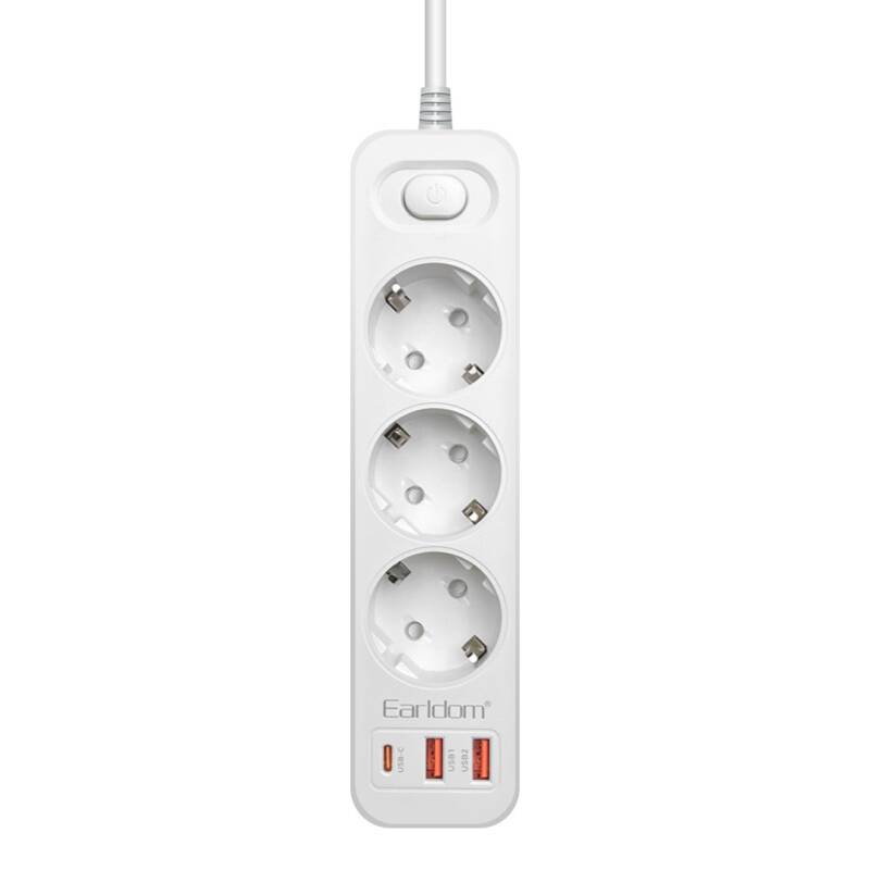 Разклонител Earldom ES-SC13, 3 гнезда, CEE 7/3, 2 х USB, 1 х USB-C, 2м.,Бял - 40377