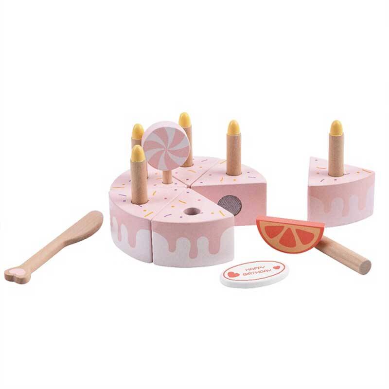 Детска торта от дърво със свещички в пастелно розов цвят