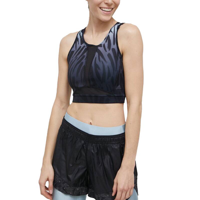 ADIDAS Training Long Line Tiger-Printed Light Support Bra Black/Blue