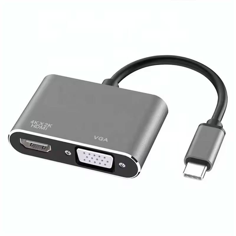 Преходник DeTech, 2в1, USB-C – HDMI+VGA, 4K, 30Hz, 3D, Сив - 17842