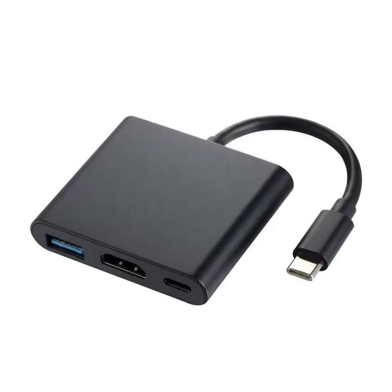 Преходник DeTech, 3в1 USB-C–HDMI+USB3.0+PD, 4K, 30Hz, Сив - 17844