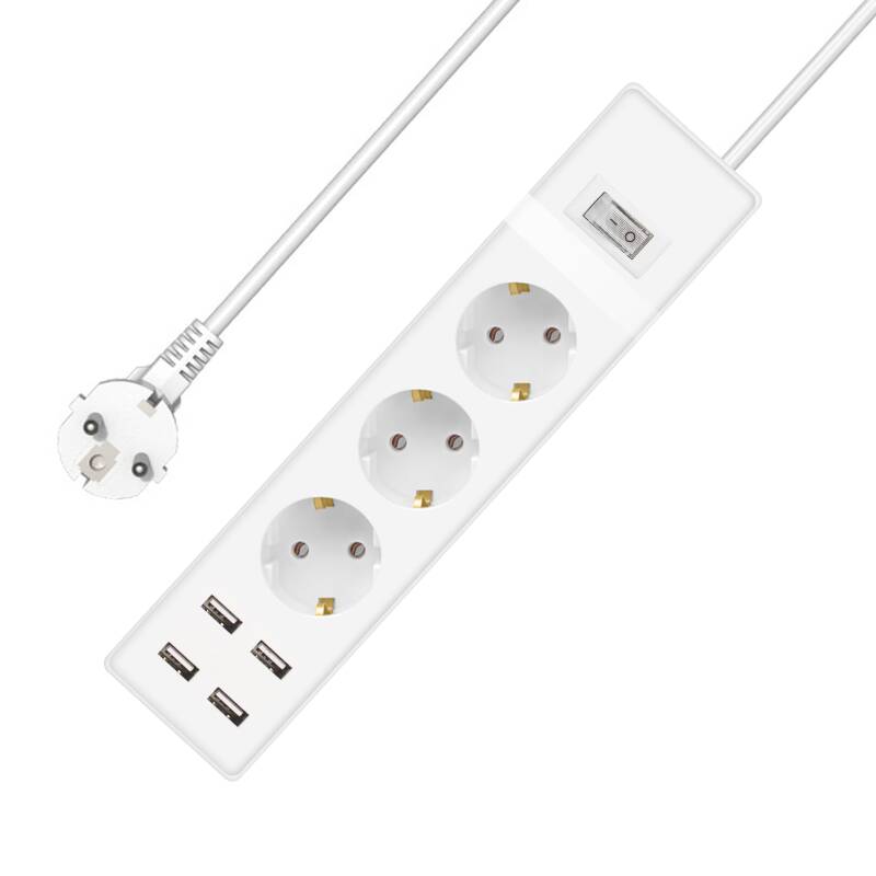 Удължител No brand, 3 гнезда, 250V, 16A, Кабел, 1.5m, 4 x USB F, С ключ, Бял - 17885