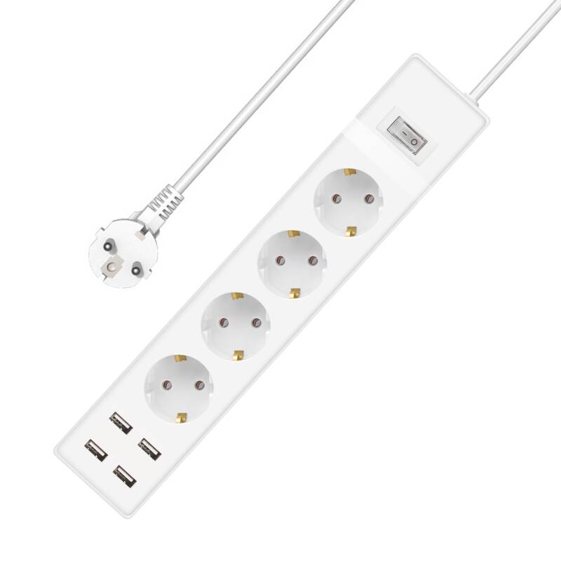 Удължител No brand, 4 гнезда, 250V, 16A, Кабел, 1.5m, 4 x USB F, С ключ, Бял - 17887